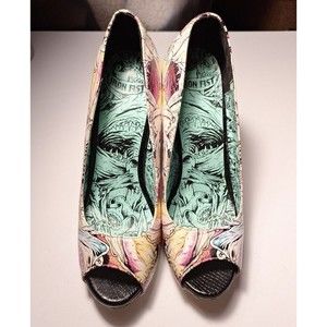 Iron Fist Heels Size 8 Black White Blue Shark 8 Ball Graphic Stilettos